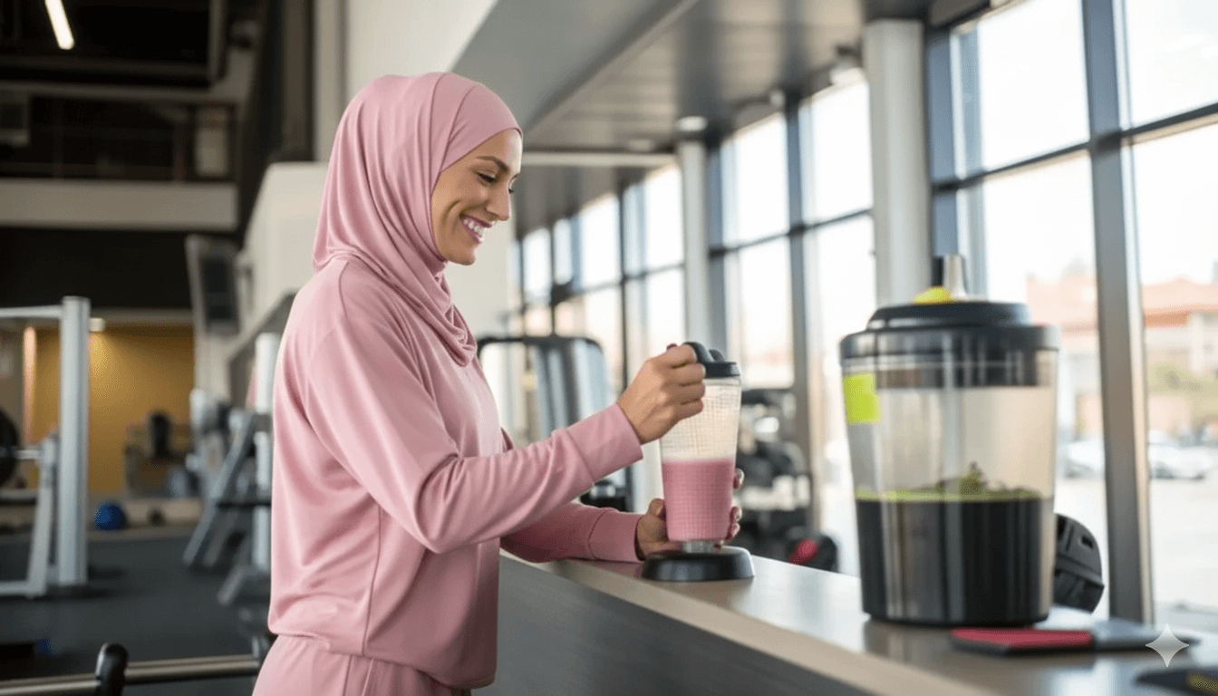 athletic woman making a protein shake