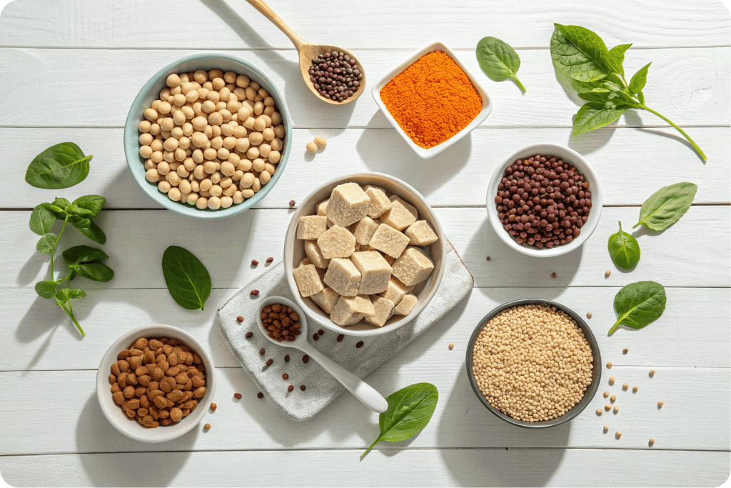عکس زیبا از منابع پروتئین گیاهی مانند عدس، نخود، توفو، تمپه، کینوا و دانه چیا برای معرفی رژیم گیاهخواری سالم.