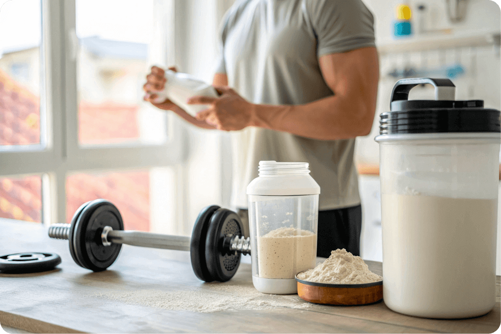 عکس از آماده‌سازی شیک پروتئین با پودر وی و پروتئین گیاهی در آشپزخانه یا باشگاه خانگی برای نشان‌دادن مصرف اصولی مکمل‌ها.