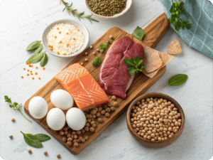 تصویر مقایسه پروتئین حیوانی و گیاهی روی تخته چوبی شامل گوشت، تخم‌مرغ، ماهی، حبوبات و توفو برای مقاله تغذیه سالم.