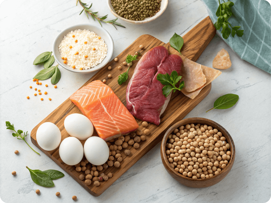 تصویر مقایسه پروتئین حیوانی و گیاهی روی تخته چوبی شامل گوشت، تخم‌مرغ، ماهی، حبوبات و توفو برای مقاله تغذیه سالم.