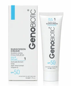 کرم ضد آفتاب بی رنگ ژنوبایوتیک SPF50 مناسب پوست خشک و معمولی 50 میلی لیتر با جعبه
