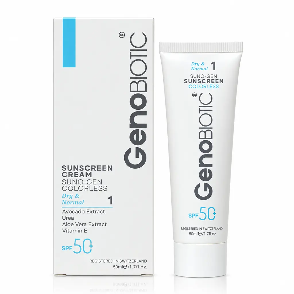کرم ضد آفتاب بی رنگ ژنوبایوتیک SPF50 مناسب پوست خشک و معمولی 50 میلی لیتر با جعبه