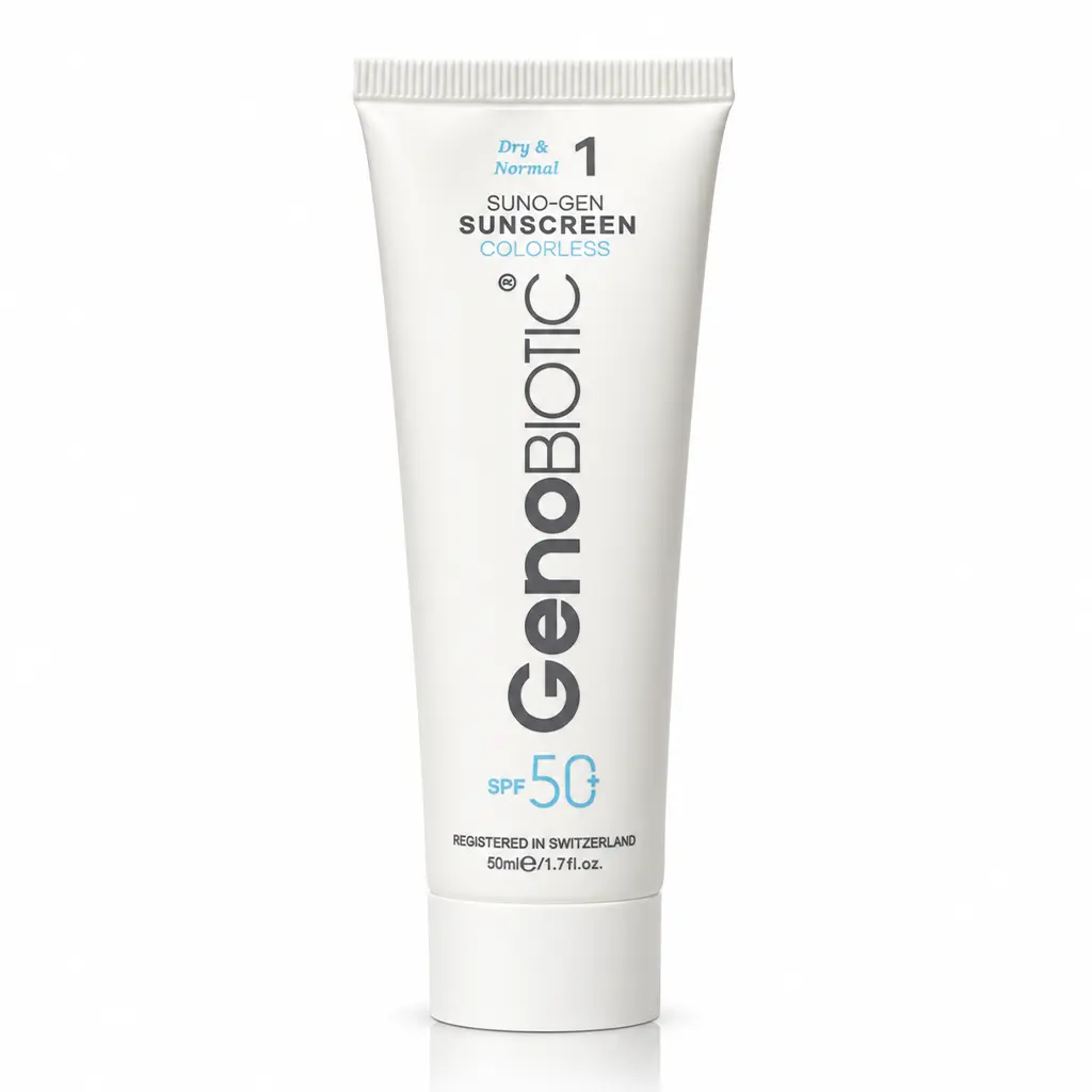 کرم ضد آفتاب بی رنگ ژنوبایوتیک SPF50 مناسب پوست خشک و معمولی 50 میلی لیتر