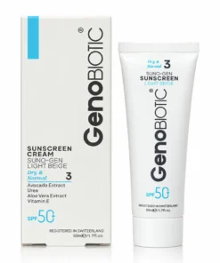 کرم ضد آفتاب ژنوبایوتیک SPF50 مناسب پوست خشک و معمولی بژ روشن 50 میلی لیتر با جعبه