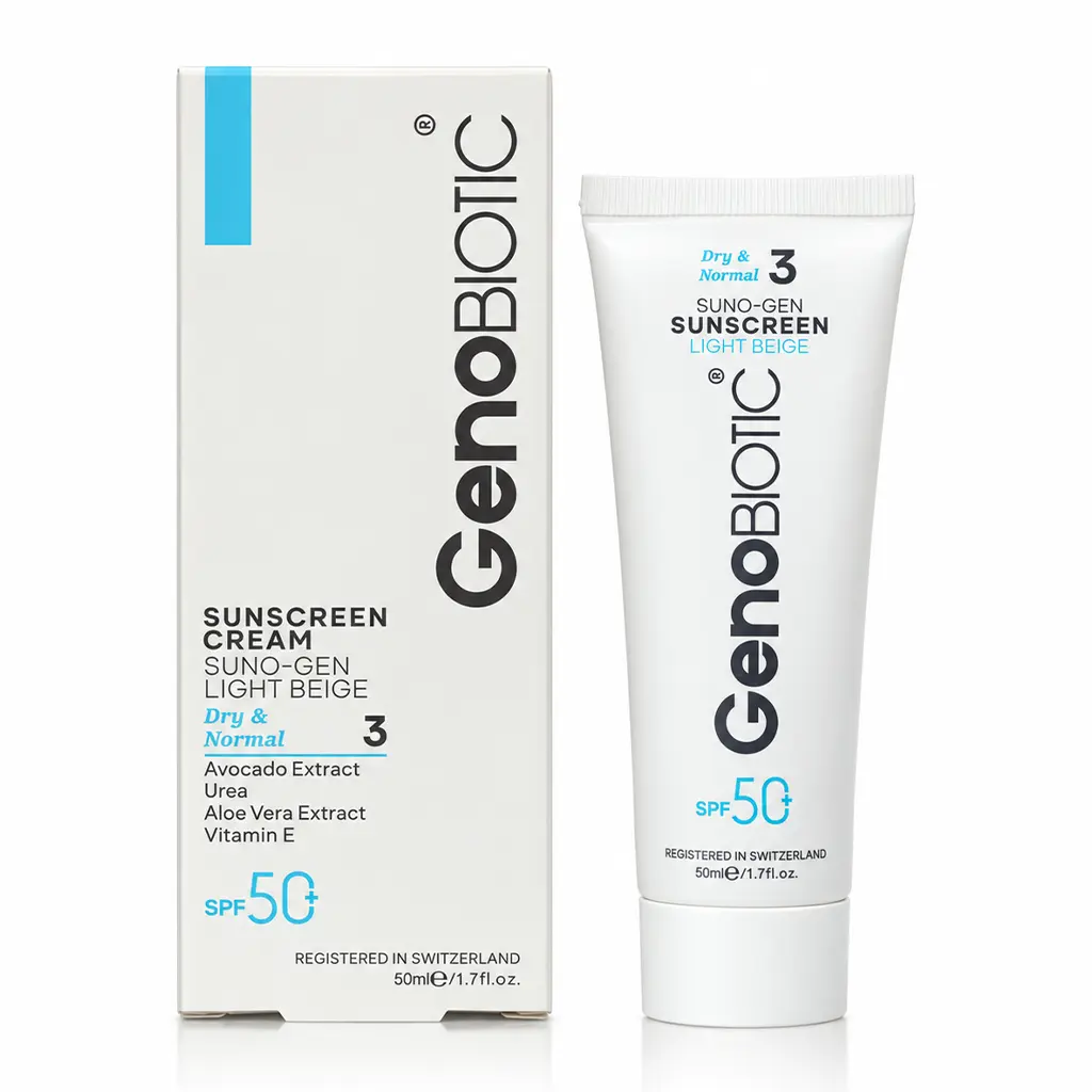 کرم ضد آفتاب ژنوبایوتیک SPF50 مناسب پوست خشک و معمولی بژ روشن 50 میلی لیتر با جعبه