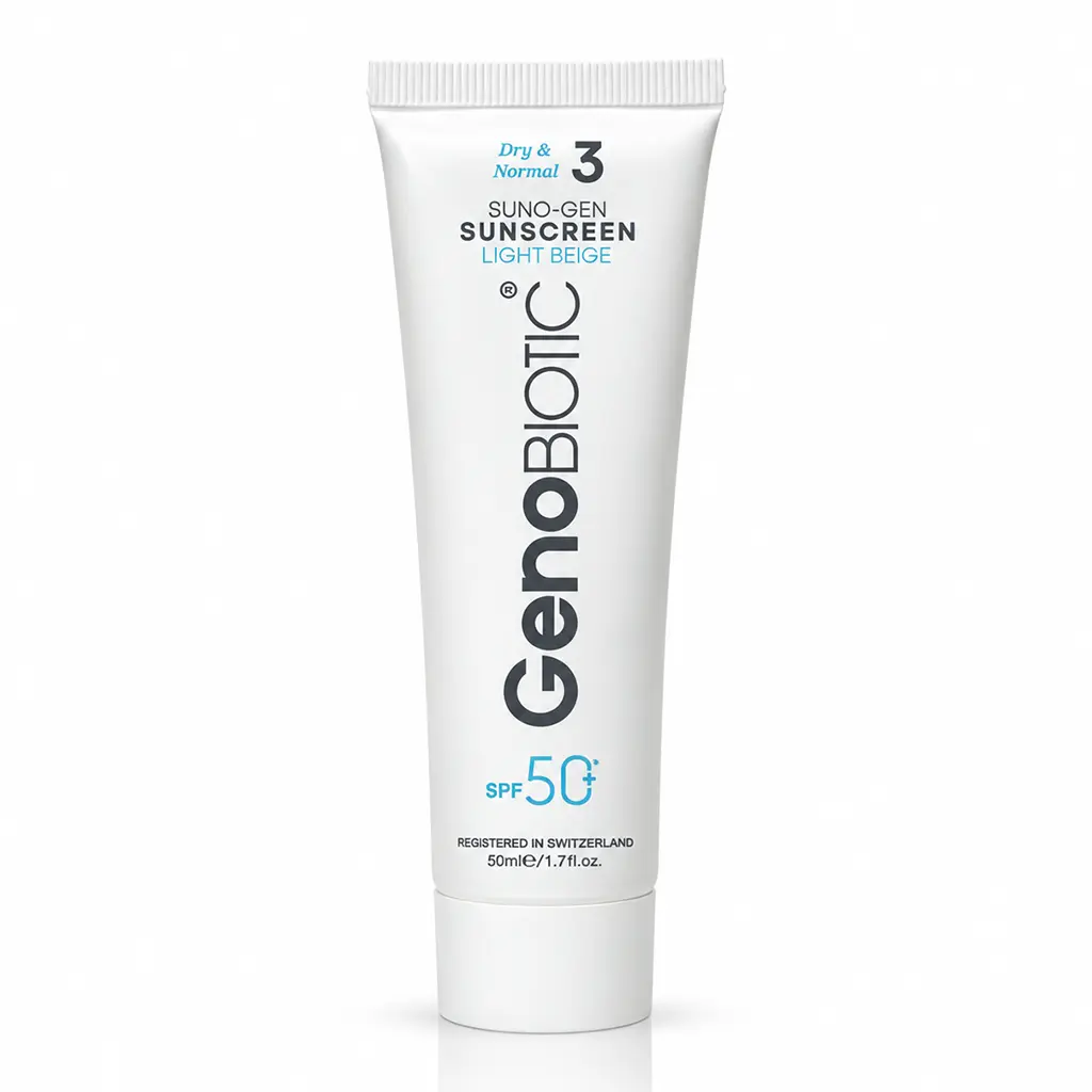کرم ضد آفتاب ژنوبایوتیک SPF50 مناسب پوست خشک و معمولی بژ روشن 50 میلی لیتر