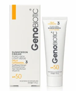کرم ضدآفتاب رنگ روشن ژنوبایوتیک spf50 مناسب پوست چرب و مختلط 50 میلی لیتر با جعبه